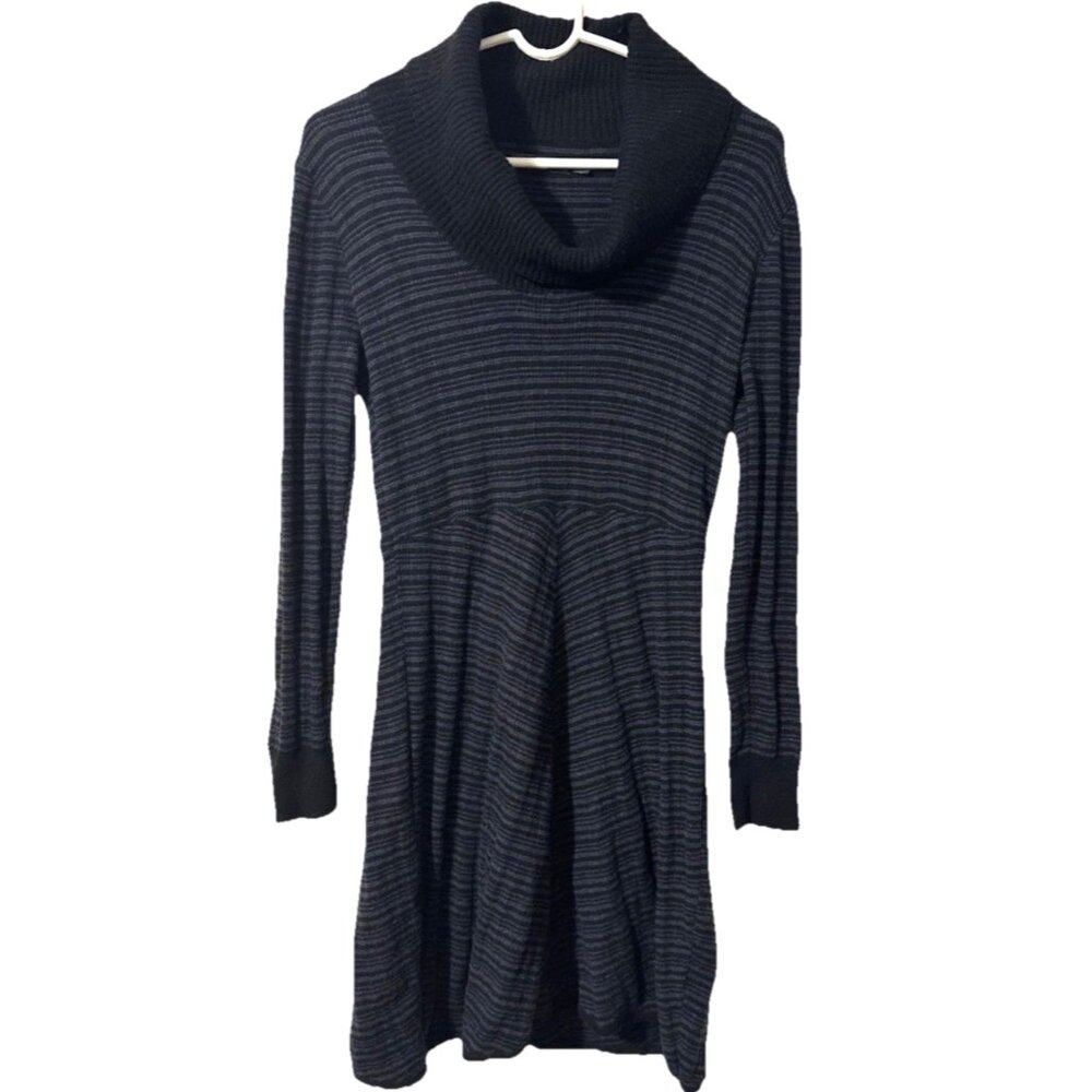 Prana Turtleneck Knit Long Sleeve Dress Black Gray Stripe Wool Blend Size Medium